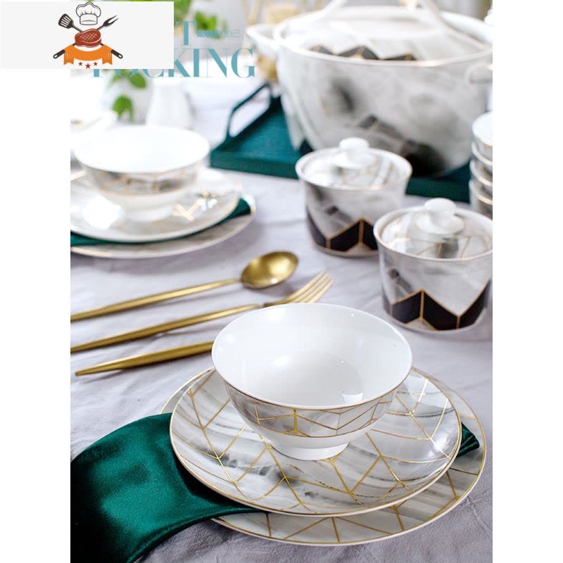 shp景德镇北欧ins轻奢大理石碗碟套装家用餐具骨瓷盘子吃饭碗 敬平 100头时尚诱惑图片