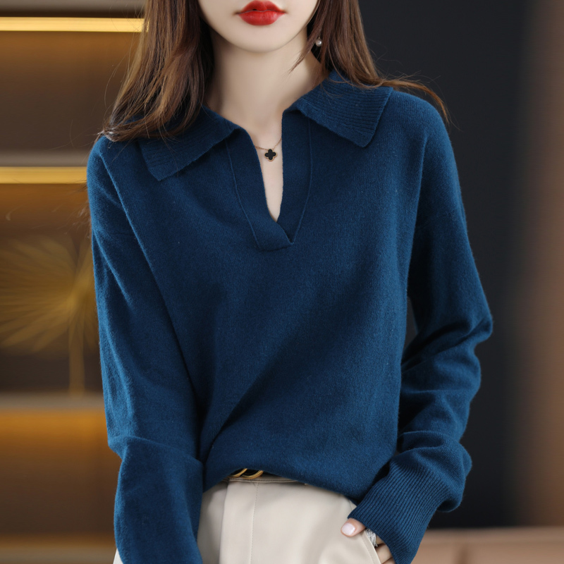 雪米贝奴翻领100%羊毛衫女秋冬新款韩版长袖时尚毛衣宽松羊绒针织衫