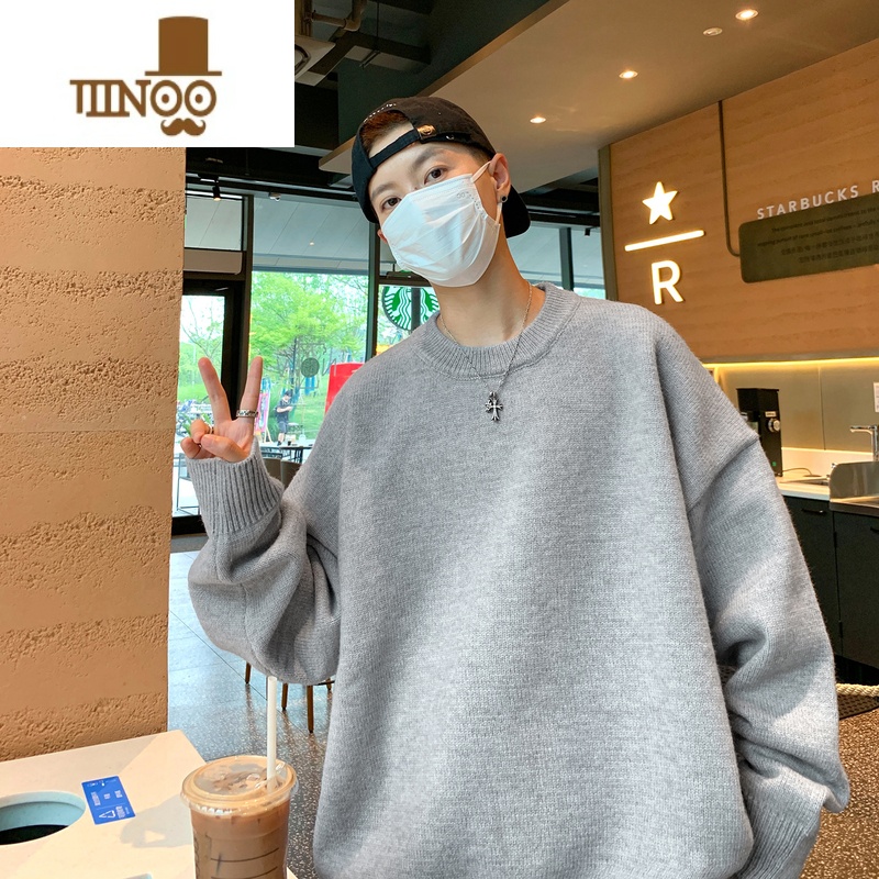 YANXU灰色毛衣男士款日系复古慵懒风套头上衣服宽松潮牌打底针织衫 灰色 S