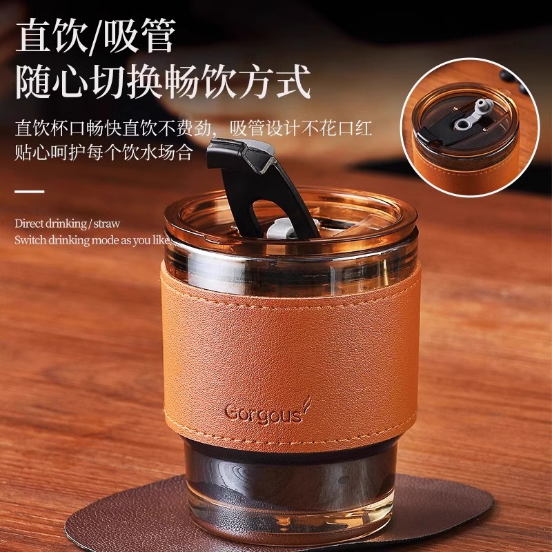 ins风玻璃杯带吸管带盖水杯女生高颜值咖啡杯冰美式竹节杯子高清大图