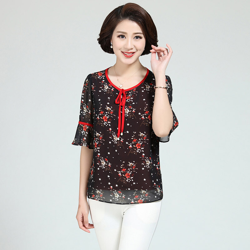 妈妈雪纺衫宽松大码4050岁夏季短袖中老年小衫时尚中年t恤女上衣
