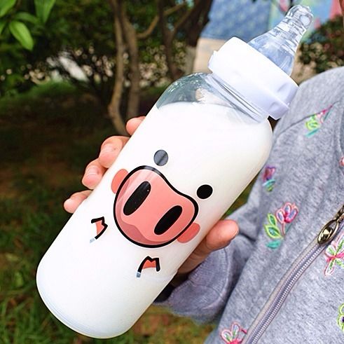 新网红玻璃杯可爱卡通小猪成人奶瓶带吸管学生儿童便携奶嘴杯