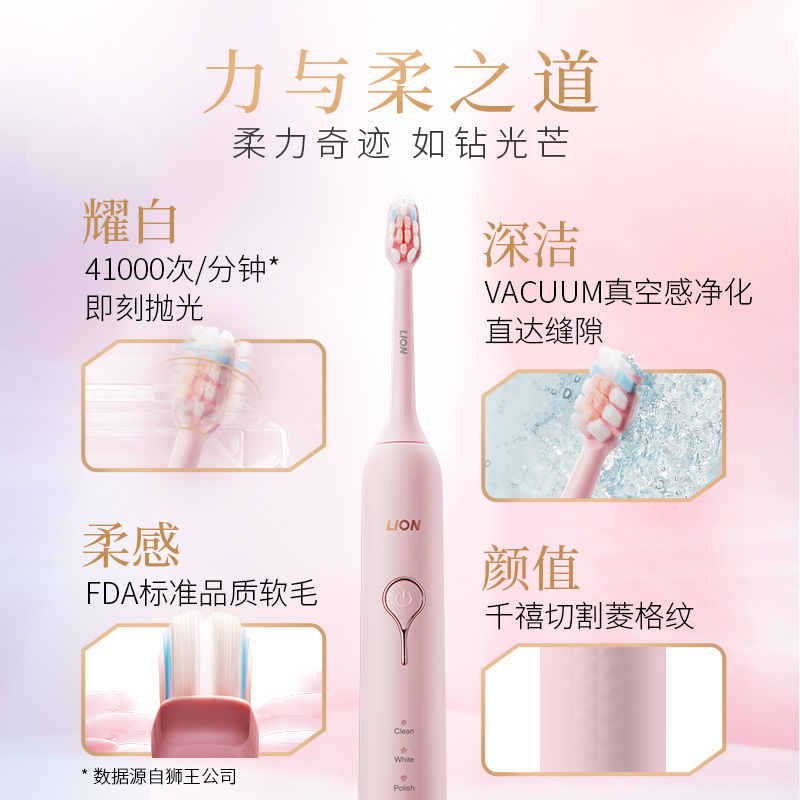 日本狮王极智柔力SMART KEY磁悬浮声波自动防水充电式软毛电动牙刷 怦然粉色