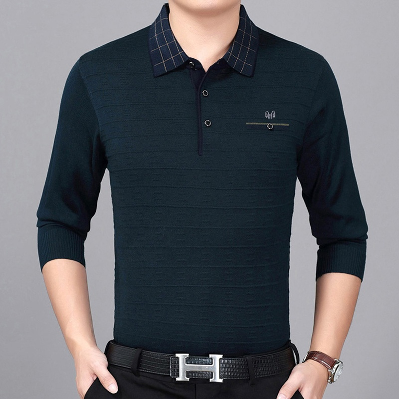 恒源祥中年男士长袖t恤春季男装翻领薄款体恤针织衫中老年爸爸装