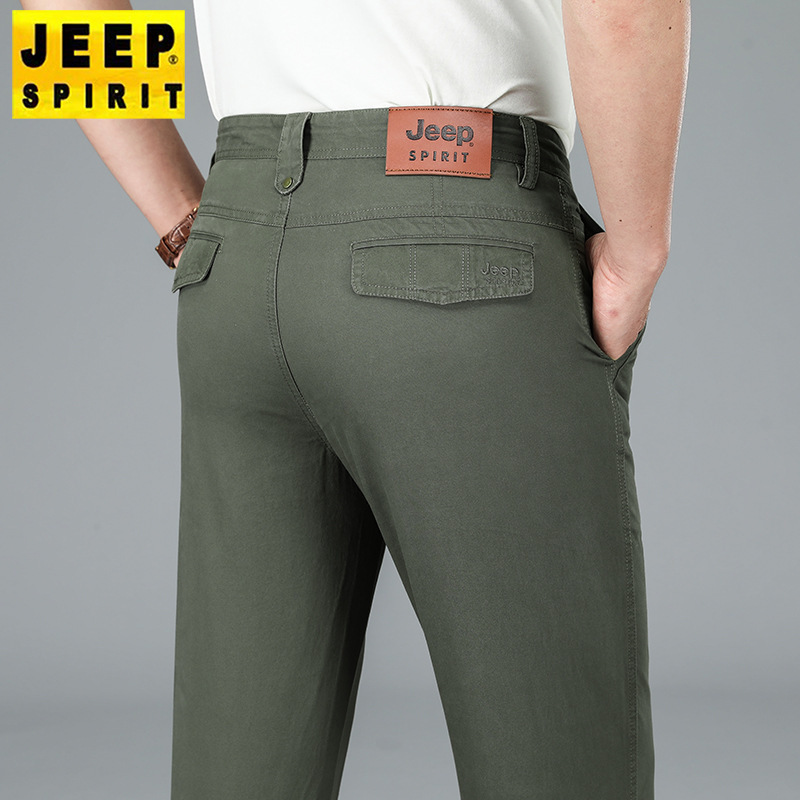 JEEP SPIRIT吉普春夏季休闲中腰微弹纯棉纯色男士直筒休闲裤男中年绿色长裤子