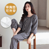 浪莎纯棉带胸垫睡衣女夏季九分袖七分袖九分裤韩式家居服两件套装