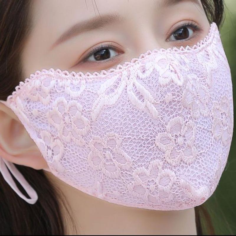 蕾丝花边口罩女夏加大护眼角防尘遮阳面罩透气时尚立体口罩显脸小-【粉色-1个】;清纯蕾丝口罩