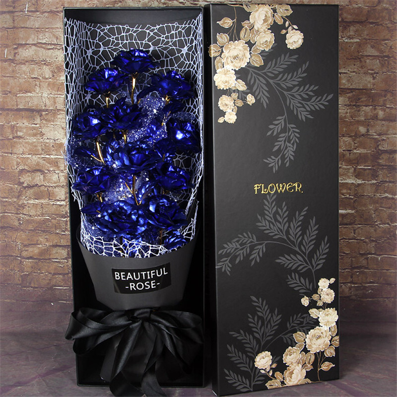 林檎铂金玫瑰花圣诞节送女友生日24K金箔玫瑰花束送老婆生日送闺蜜3朵红色金箔默认送女朋 6朵蓝色金箔京金箔玫瑰