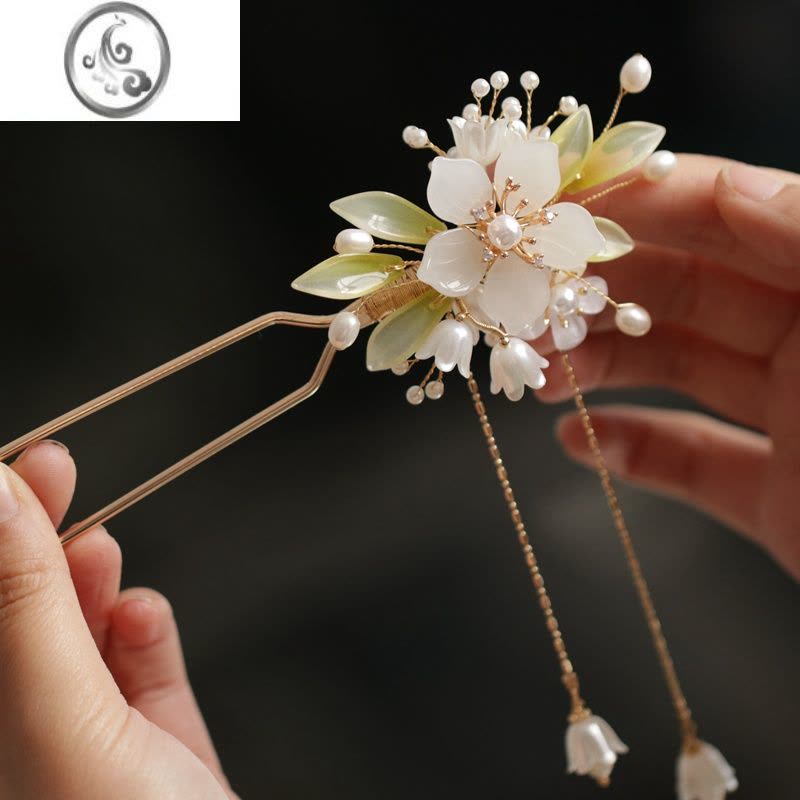 JiMi白绿色铃兰流苏发簪头饰森系 仙美 简约现代发饰汉服配饰古典步摇图片