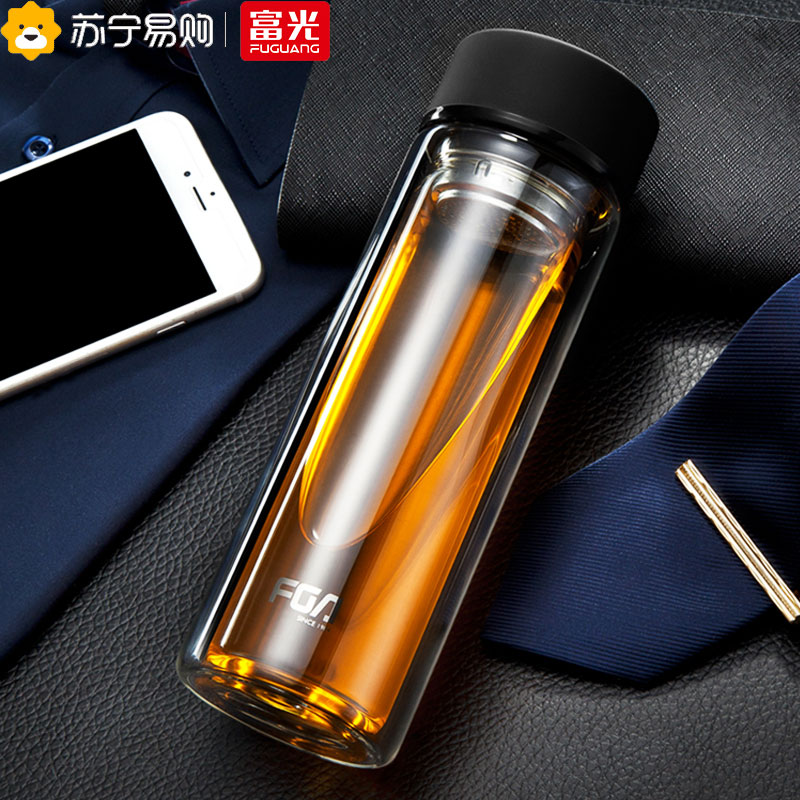 富光(FUGUANG)玻璃杯320ml格调男女士带茶隔 便携创意双层泡茶玻璃水杯WFB1013-320