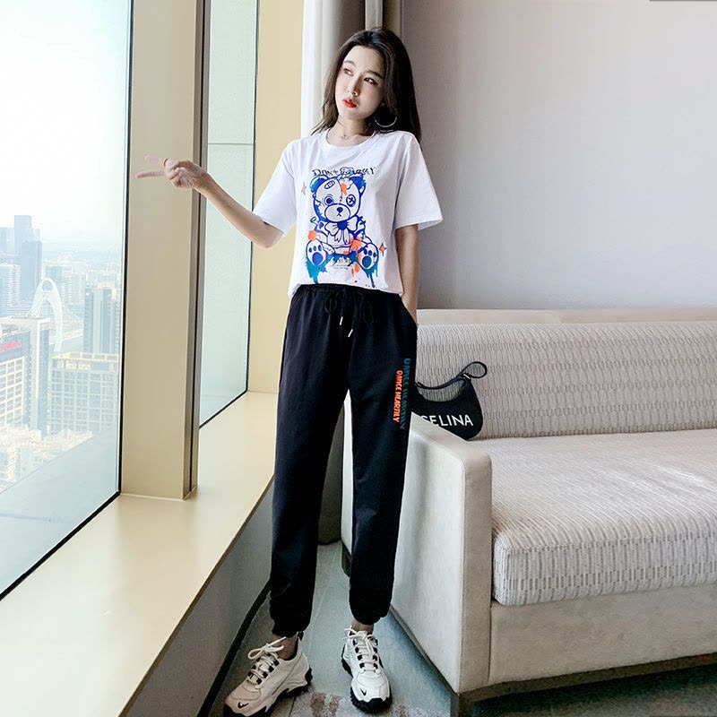 真维斯2022年夏季新款运动服短袖减龄休闲洋气长裤两件套装女潮流图片