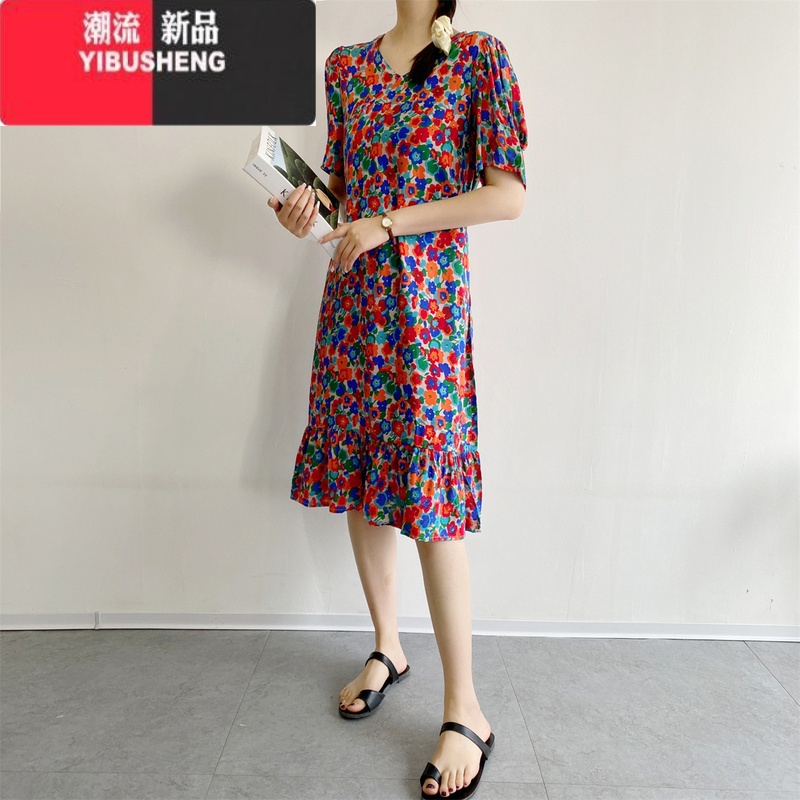 YIBUSHENG棉绸碎花短袖连衣裙女波西米亚沙滩裙人造棉海边渡假裙绵绸裙子高清大图