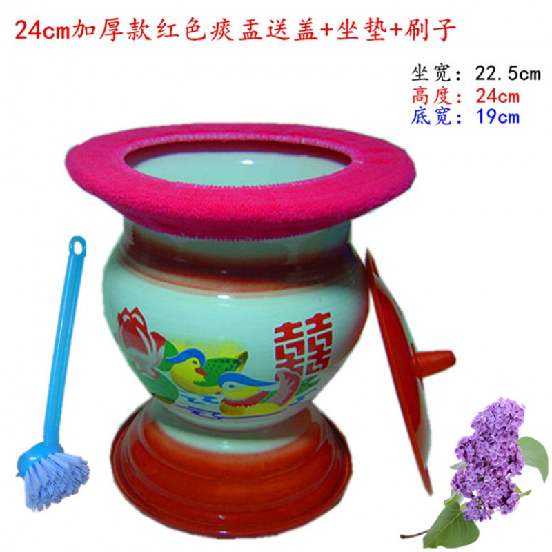 美帮汇大号防滑老式搪瓷高脚痰盂老人痰盂 儿童便盆 坐便器 子孙桶 24cm加厚红色痰盂送盖+刷子+坐垫搪瓷工艺