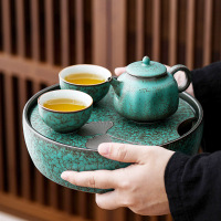 領藝 陶瓷茶盘家用简约功夫储水茶托盘圆形干泡台小型茶台复古日式茶海创意 绿松银杏小号