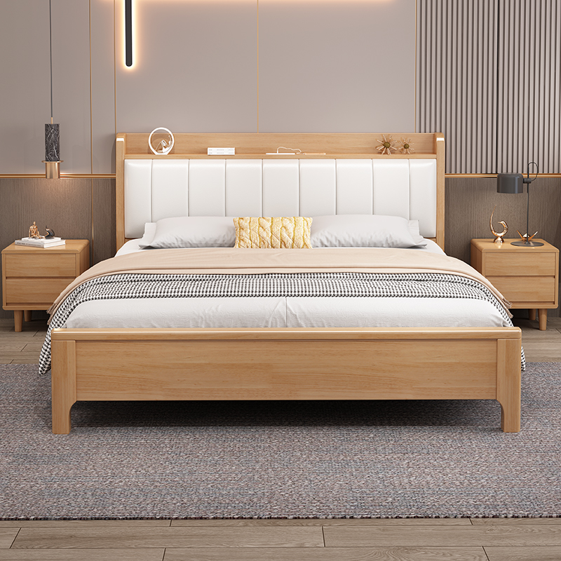 欧梵森 床 北欧橡胶木床双人床1.5米实木床主卧日式家用夜灯储物床软包床现代简约1.8米小户型轻奢卧室组合套装家具床婚床高清大图