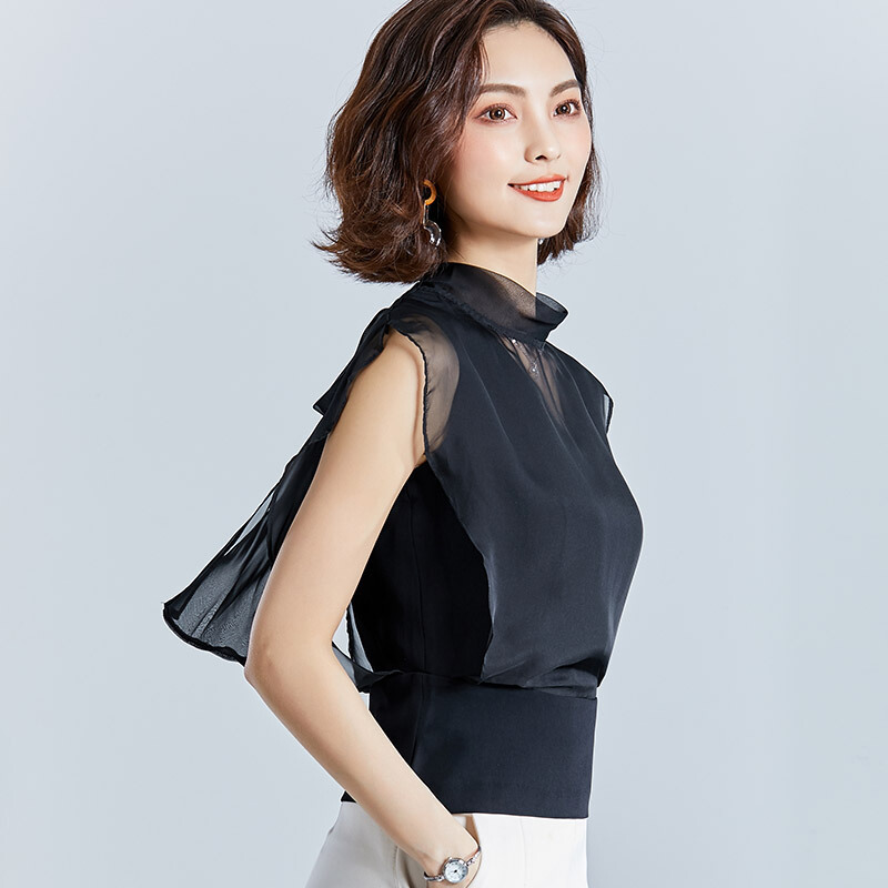 黑色雪纺衫短袖女2018新款夏装韩版超仙百搭收腰搭配阔腿裤的上衣