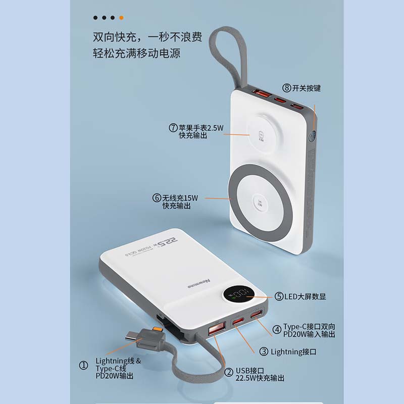 纽曼 移动电源1万毫安22.5W快充无线充自带线白色 AL25高清大图