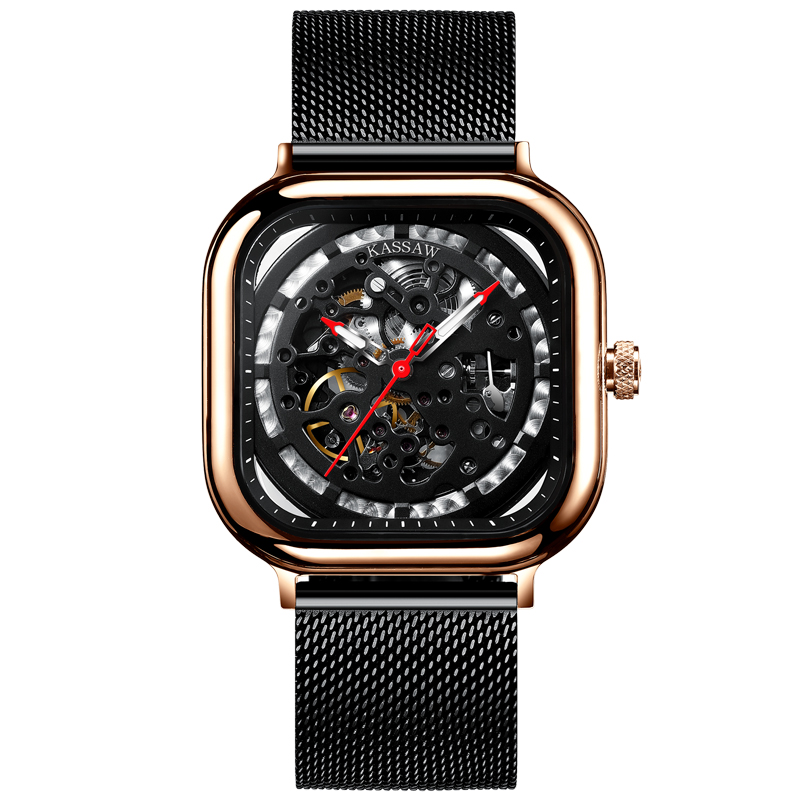 卡梭(KASSAW)手表男新款防水潮流镂空自动机械表方形夜光时尚商务男表K15009G