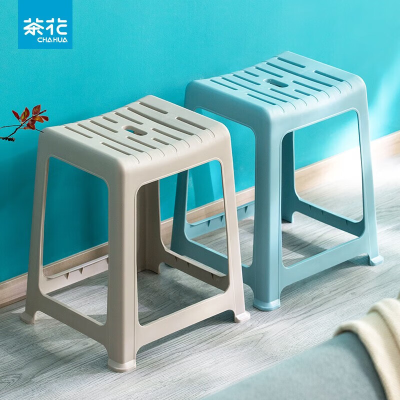 茶花(CHAHUA) 茶花塑料凳子餐桌椅方凳塑胶凳 【4个装】条纹高凳(0838) 蓝灰浅咖随机