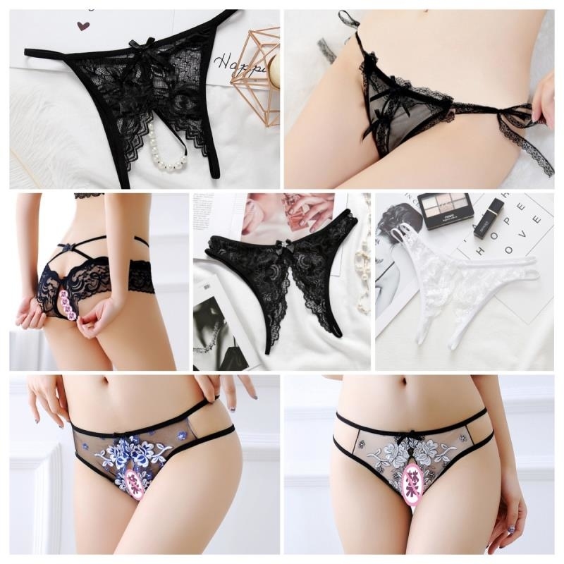长夜漫漫情趣内衣开档免脱丁字裤刺绣绑带内裤蕾丝性感珍珠内裤女 2（3067黑色） 均码(80-120斤)