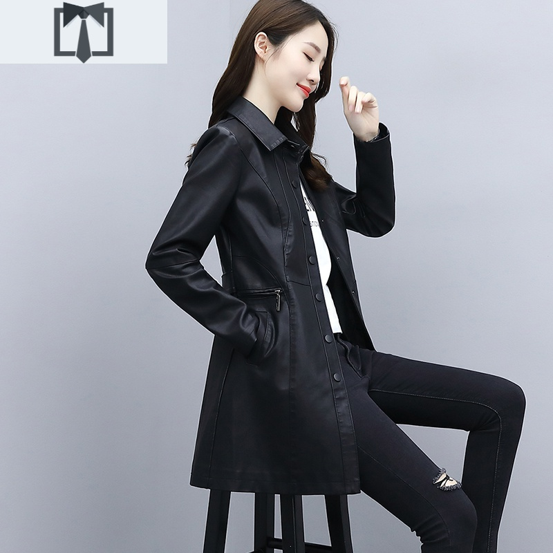suntek轻熟有女人味皮衣秋冬新款加绒修身显瘦pu皮中长款风衣外套女