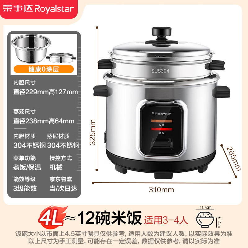 荣事达(Royalstar)电饭煲用老式多功能电饭锅商用饭店机械式煮饭家大容量饭锅3-8人带蒸笼不锈钢内胆煮饭煲 银黑色高清大图
