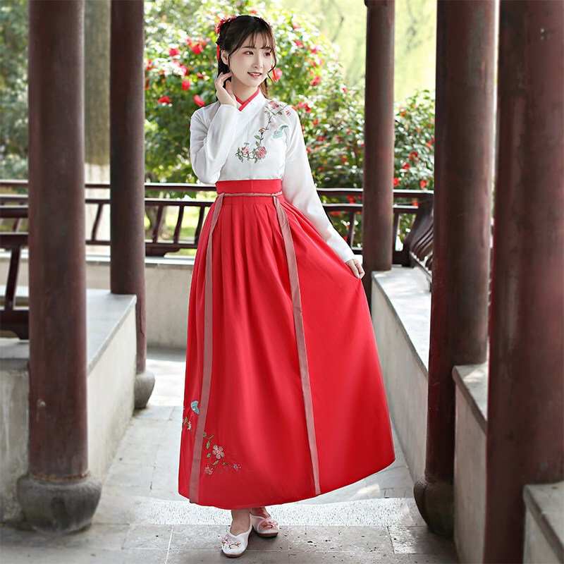 汉服女民国学生改良汉元素齐腰襦裙清新淡雅中国风套装女yy红色长裙