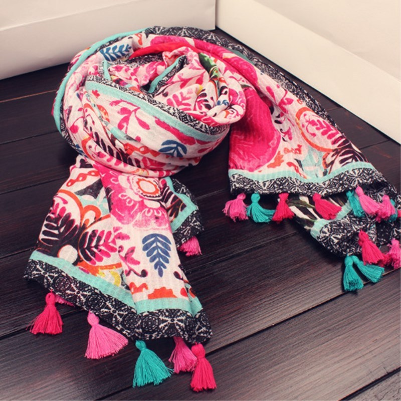 夏秋彩色民族风棉麻围巾女士旅游拍照防晒沙滩巾茶卡盐湖红色披肩玫红