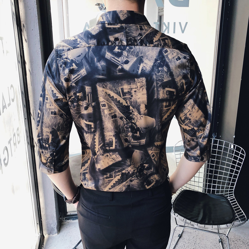夏款新款夜店青年印花中袖衬衫男夜店韩版修身气质中袖衬衣男短袖