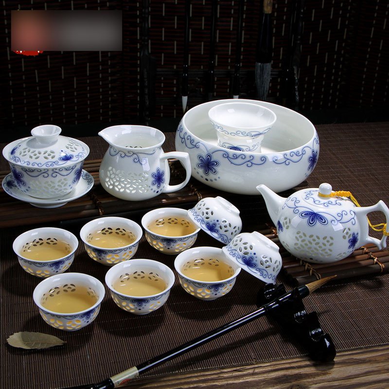 玲珑青花瓷茶具套装礼盒家用景德镇陶瓷功夫茶杯镂空盖碗整套多色多款生活日用家庭清洁生活日用家居器皿水具/水杯