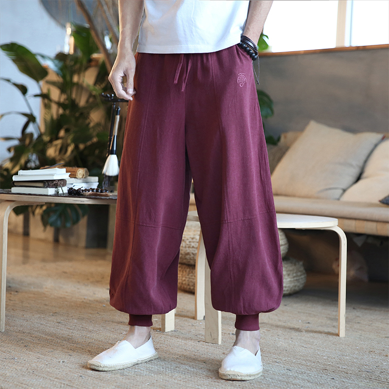 夏季中国风男士亚麻裤阔腿灯笼裤大码宽松棉麻休闲裤男束脚哈伦裤