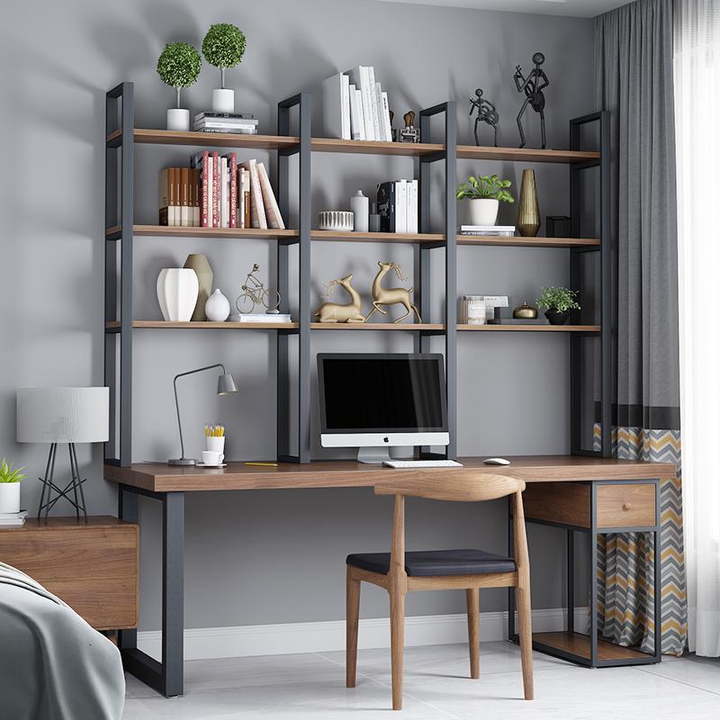 实木台式电脑桌loft简约现代书柜一体铁艺置物架家用书桌书架组合定制