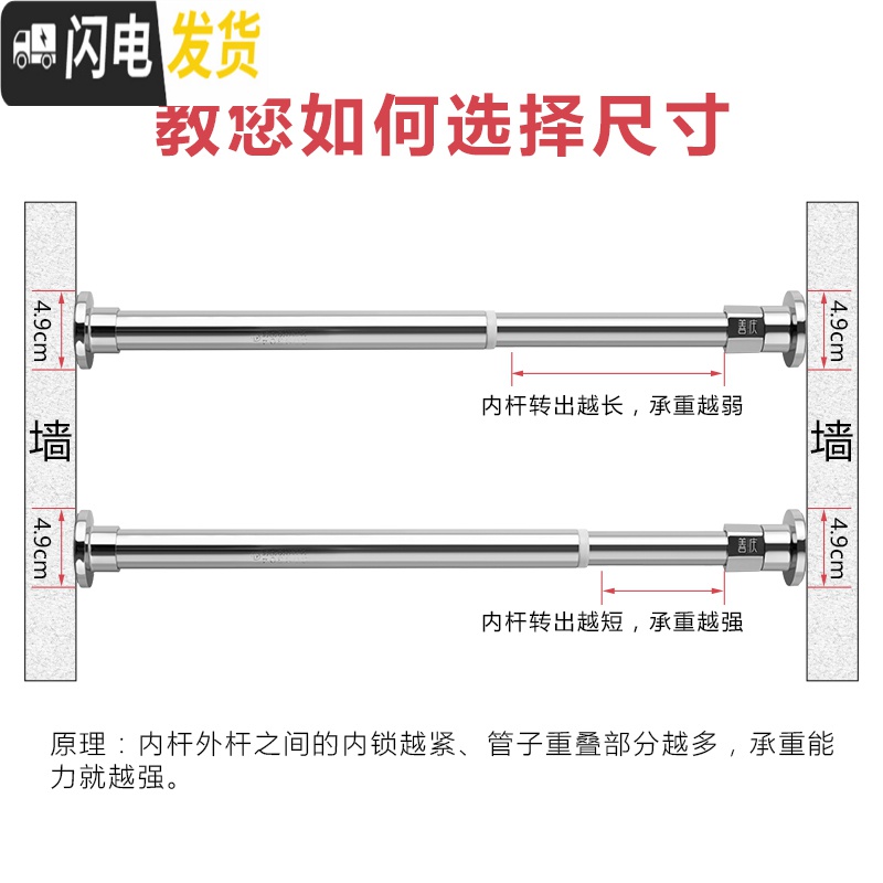 三维工匠浴帘杆免打孔伸缩杆窗帘杆晒衣杆子撑杆套装晾衣架升缩阳台 [套装]304螺柱款1.55-2.1m+浴帘2*2晾衣杆高清大图