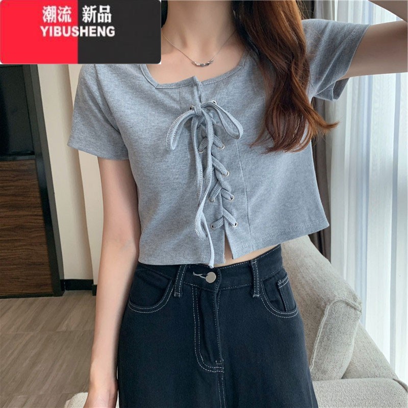 YIBUSHENG辣妹短款短袖t恤女季设计感小众绑带紧身显瘦高腰白色上衣ins潮 灰色优质版 L