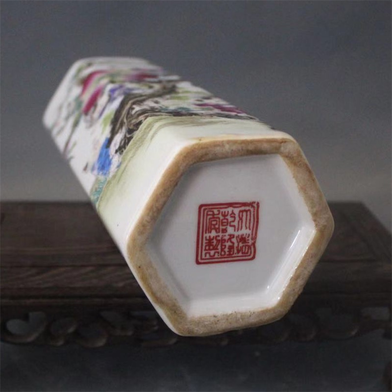 美帮汇景德镇仿古陶瓷乾隆粉彩九子蟠桃六方高笔筒家居桌面展柜摆件高清大图