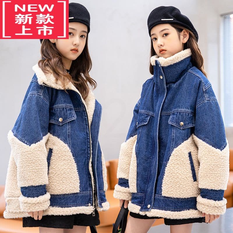 可莉允女童冬装2022新款网红大童洋气时髦牛仔外套加绒女孩秋冬季棉衣厚棉服图片