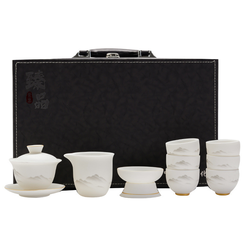 华普思高档轻奢德化羊脂玉陶瓷功夫茶具套装一整套盖碗茶壶年会伴手礼品 10头远山文旦壶马蹄杯套装高清大图