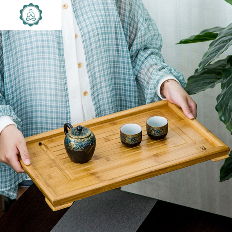 竹制茶盘平板大号竹子茶海小号托盘功夫茶具实木茶盘茶台茶托排水 封后 小号韩式《平板茶盘》34*22cm