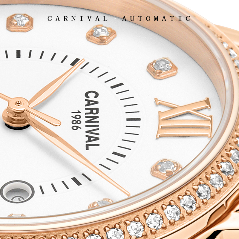 正品嘉年华Carnival瑞士品牌手表新款防水带日历全自动机械表 女士女表镶钻时尚气质简约腕表8062L高清大图