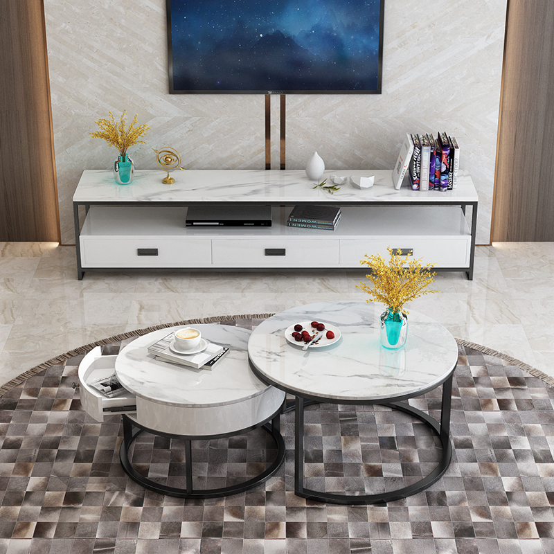 北欧电视柜茶几组合闪电客现代简约小户型轻奢创意大理石白色家用铁艺