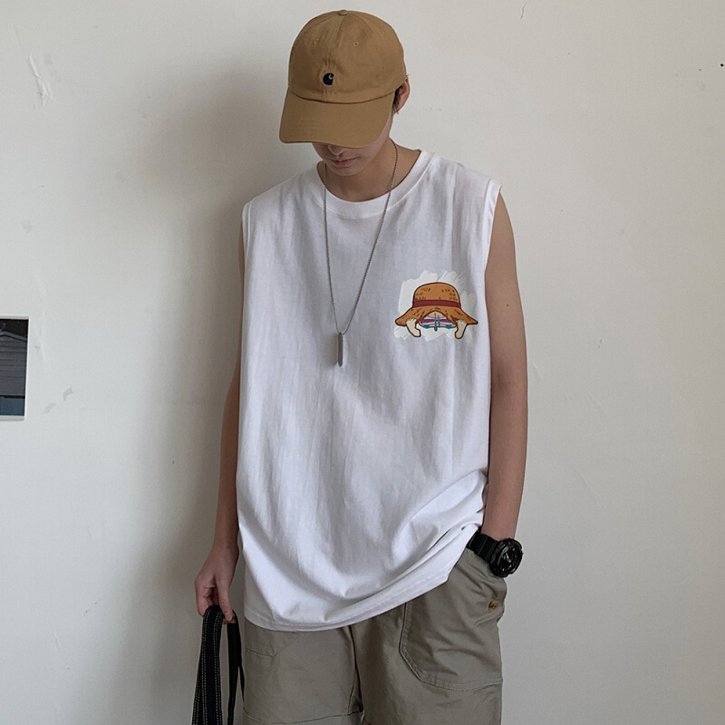 梵克公牛夏季新款背心男士流宽松帅气路飞印花无袖t恤休闲汗衫