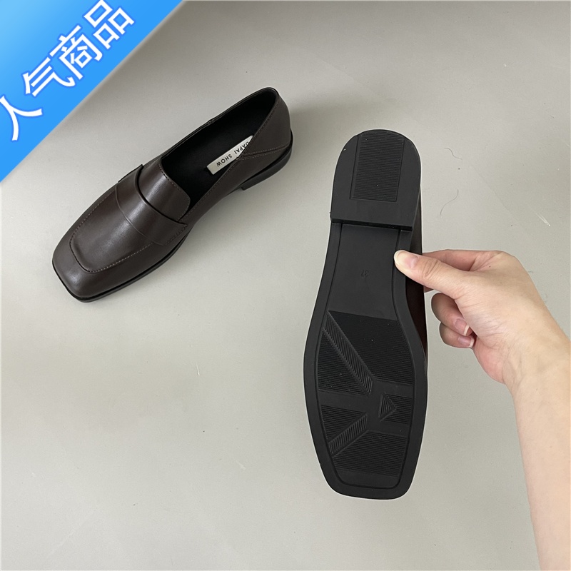 SUNTEK英伦方头百搭软皮平底小皮鞋女春秋2023新款一脚蹬乐福鞋加绒瓢鞋高清大图