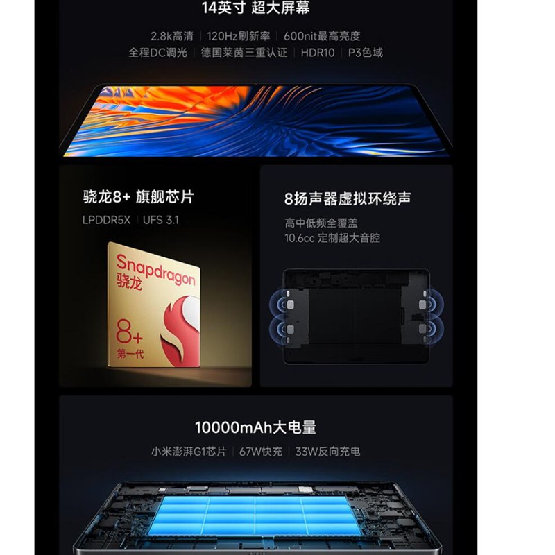 [全新]小米平板6 MAX 黑色 12GB+256GB WiFi 14英寸 骁龙8+芯 1万毫安大电池 办公娱乐平板电脑 小米Pad 6 Max
