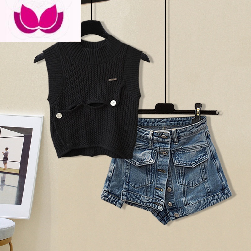 七斓设计感甜辣风减龄套装女夏短款背心无袖针织衫牛仔半身裙裤套高清大图