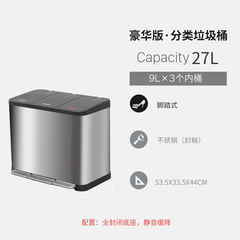 不锈钢垃圾桶户外商用脚踏商场分类轻奢收纳筒客房大号果皮桶 豪华版27升(三桶)
