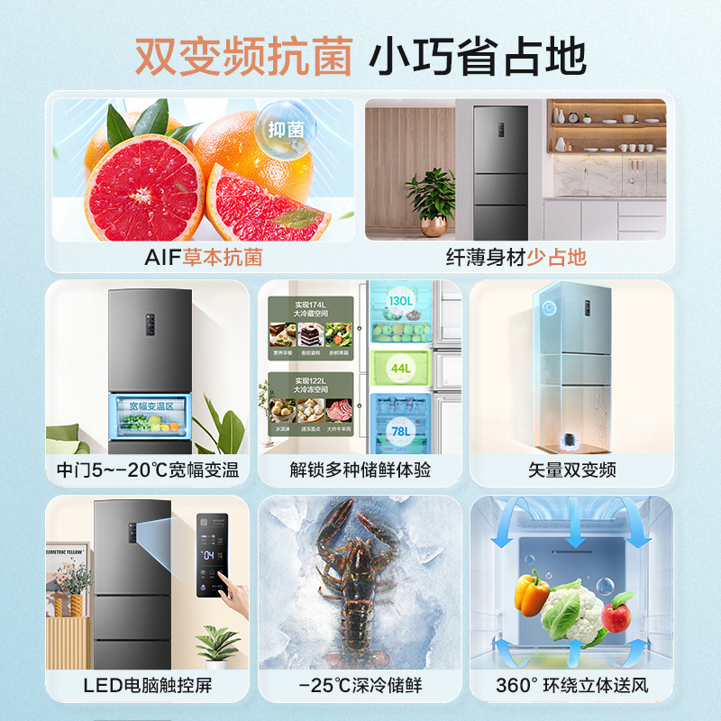 容声(Ronshen)252升三门三开门电冰箱变频风冷一级矢量节能家用风冷无霜冷冻冷藏 国补 BCD-252WD18NP