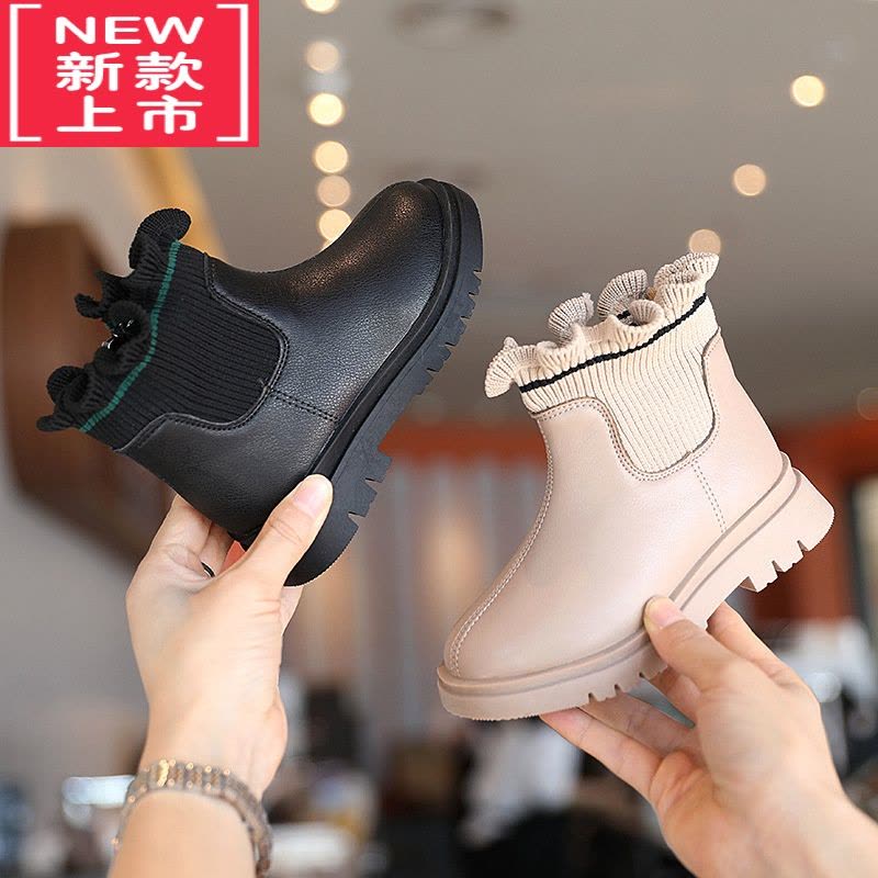 可莉允女童马丁靴2022新款公主鞋针织短靴小女孩加绒秋冬保暖儿童靴子图片