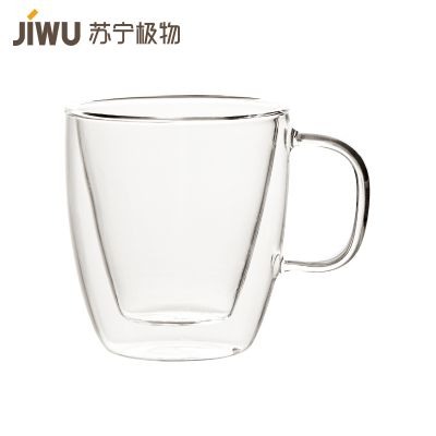 苏宁极物 双层隔热玻璃水杯把手创意茶杯 400ml双层耐热玻璃水杯 创意带把平耳咖啡杯 隔热透明茶杯办公杯
