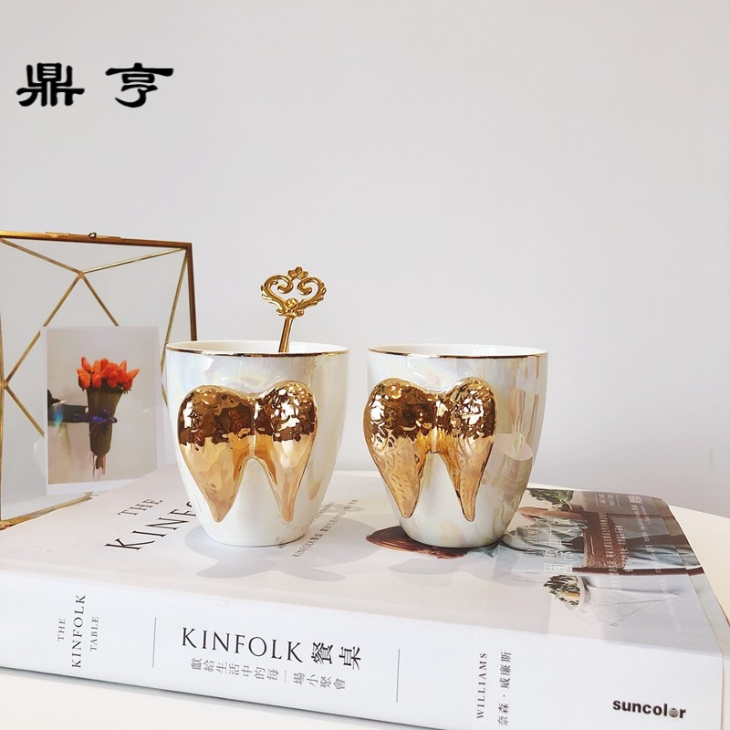 鼎亨出口轻奢描金天使翅膀陶瓷杯珍珠釉创意咖啡杯奶茶杯红茶杯礼
