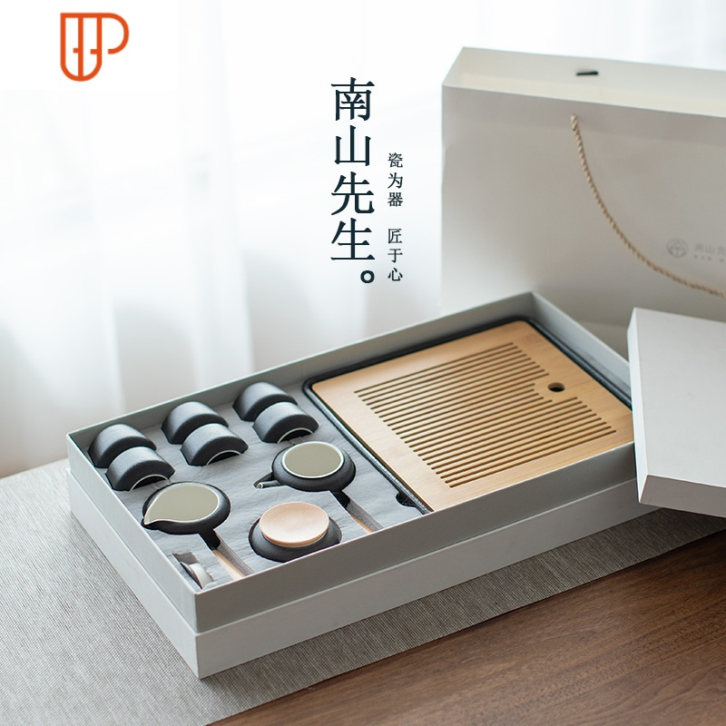 黑陶侧把壶功夫家用简约储水式干泡旅行茶具茶海陶瓷 国泰家和 黑陶六杯双侧把套装++四方旅行茶具 10件